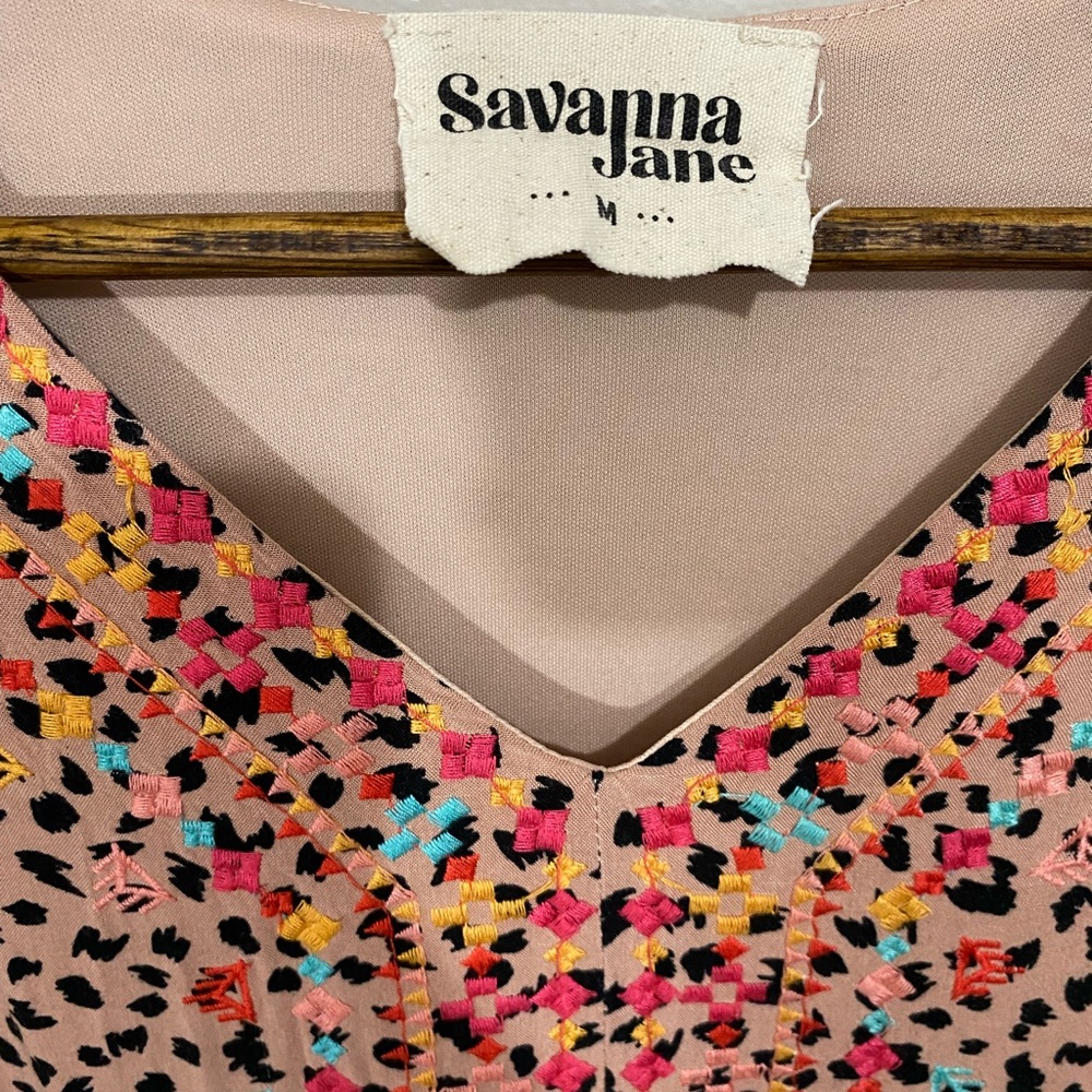 Savanna Jane Boho Festival Leopard Embroidered Tiered Dress Size Medium Babydoll - Picture 9 of 9